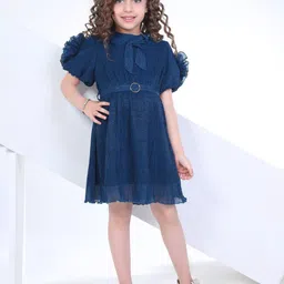 Peppermint Self Design Puff Sleeve Knee Length Fit & Flare Dress-picture-20