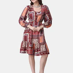 Popwings Bohemian Printed Round Neck Puff Sleeves Fit & Flare Dress-picture-13