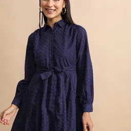 Tokyo Talkies Navy Blue Floral Self Design Shirt Collar Cuffed Sleeves Tie-Ups Shirt Dress-image-25