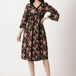 Saffron Threads V Neck Floral Printed Cotton Fit & Flare Dress With Lace Details-image-97