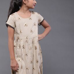 Aks Kids Beige Print Fit & Flare Dress-image-14