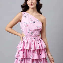 TRYMISFIT Floral Printed One Shoulder Layered Cotton Fit & Flare Dress-image-83