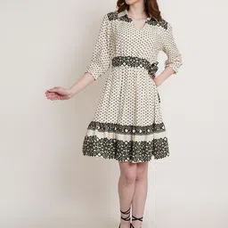 Hive91 Geometric Printed Shirt Collar Puff Sleeves Cotton Fit & Flare Dress-image-7