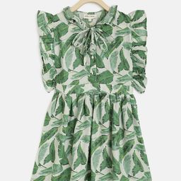 am ma Girls Green & White Tropical Satin Fit & Flare Dress-picture-36