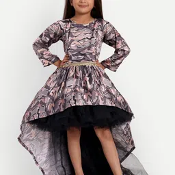 TILISM Abstract Printed High Low  Satin Fit & Flare Dress-image-5