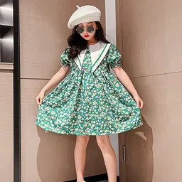 StyleCast Girls Green & White Floral Printed Peter Pan Collar Puff Sleeve A-Line Dress-17