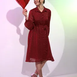 Tokyo Talkies Maroon Shirt Collar Fit & Flare Dress-image-32