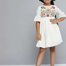 YK Girls Off-White Floral Embroidered Fit & Flare Dress-image-71