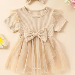 StyleCast Girls Cream Round Neck Short Sleeves Cotton Fit & Flare Dress-12
