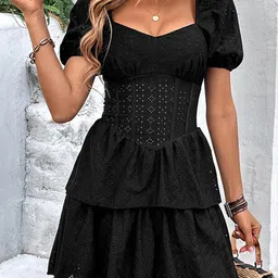 StyleCast Black Self Design Puff Sleeves Fit & Flare Dress-image-10