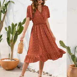 StyleCast Brown Self Design Flared Sleeve Cotton Fit & Flare Dress-picture-2