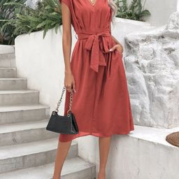 StyleCast V-Neck Extended Sleeves Fit & Flare Dress-image-0