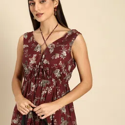 Anouk Women Maroon & Olive Green Floral Printed Fit And Flare Dress-image-5