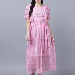 Myshka Floral Printed Ruffles Fit & Flare Midi Dress-picture-3