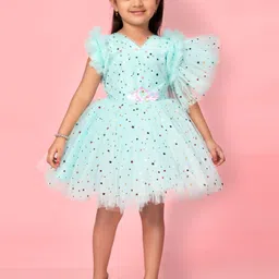 Muhuratam Girls Embellished Flutter Sleeves Net Fit & Flare Dress-17