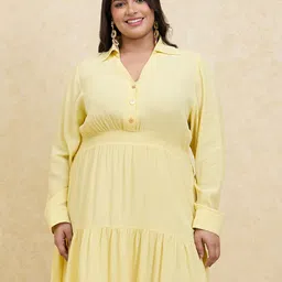 20Dresses Plus Size Yellow Shirt Collar Gathered Detailed Fit & Flare Dress-image-62