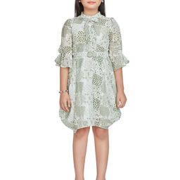 Peppermint Band Collar Bell Sleeve Georgette Fit & Flare Dress-picture-37