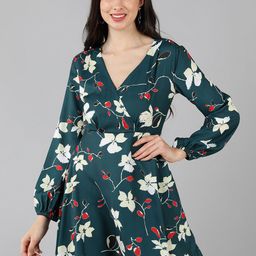 AHIKA Green Floral Printed V-Neck Puff Sleeves Georgette Fit & Flare Dress-image-67