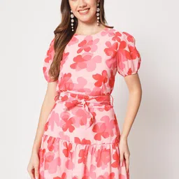 CHARMGAL Floral Printed Puff Sleeves Fit & Flare Dress-image-71