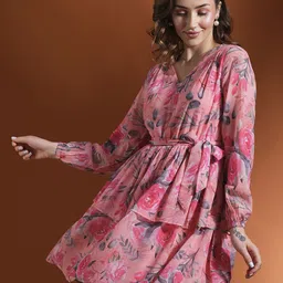 Globus Women Floral Print Layered Georgette Fit & Flare Dress-image-25