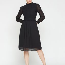RARE Black High Neck Pleated Fit & Flare Dress-image-102