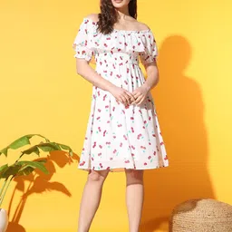 Slenor Conversational Print Off Shoulder Georgette A-line Dress-picture-18