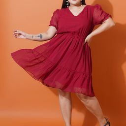 U&F Beyond Plus Size Self Design V-Neck Puff Sleeve Georgette Tiered Fit & Flare Dress-35