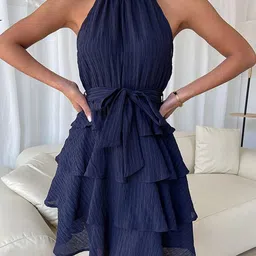 StyleCast Blue Self Design Tie-Up Neck Layered Fit & Flare Mini Dress-image-48