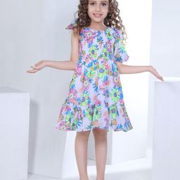 Peppermint Girls Floral Print Bell Sleeves Smocked Chiffon Fit & Flare Dress-image-95