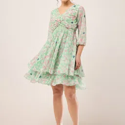 Antheaa Green Floral Printed Puff Sleeves Gathered Smocked Fit & Flare Dress-image-22