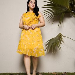 CURVE BY KASSUALLY Plus Size Yellow Floral Print Ruffled Chiffon Fit & Flare Dress-40