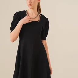 BIGDART Texture Self Design Square Neck Puff Sleeve Fit & Flare Dress-5