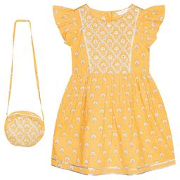 Budding Bees Girls Floral Print Flutter Sleeve Sequinned Cotton Fit & Flare Dress With Bag-picture-22