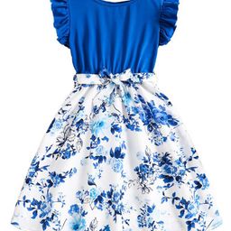 StyleCast x Revolte Girls Blue Round Neck Floral Print Flutter Sleeve Fit & Flare Dress-image-49