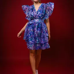 Amagyaa Floral Printed V-Neck Flutter Sleeves Gathered Detailed Fit & Flare Dress-image-13
