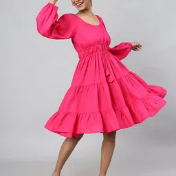 DAEVISH Round Neck Puff Sleeve Tie-up Knee Length Fit & Flare Dress-image-3