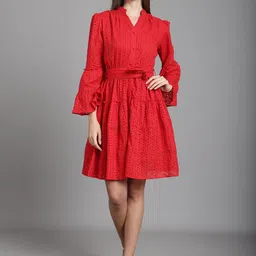 MARC LOUIS Self Design Bell Sleeve Tiered Schiffli Cotton Fit & Flare Dress-image-14