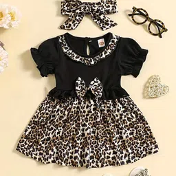 BAESD Girls Round Neck Animal Printed Puff Sleeve Fit & Flare Dress-27