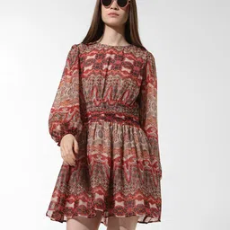 ONLY Ethnic Motifs Printed Puff Sleeves Mini Fit & Flare Dress-image-49