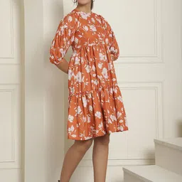 Indian Needle Floral Printed Puff Sleeve A-Line Dress-image-3