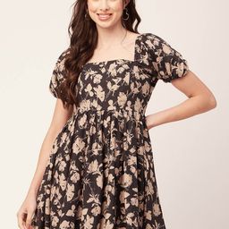 Moomaya Floral Printed Puff Sleeves Fit & Flare Dress-image-39