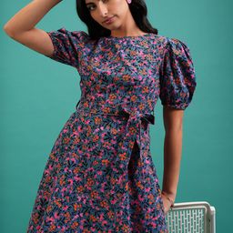 Tokyo Talkies Blue Floral Printed Puff Sleeve Belted Cotton Fit & Flare Dress-image-48