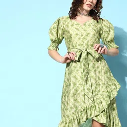 KALINI Tie & Dye Dyed Puff Sleeves Tie Up Fit & Flare Dress-image-67