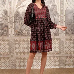 Vishudh Ethnic Motifs Print Puff Sleeve Fit & Flare Dress-image-23
