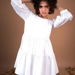 SASSAFRAS White Puff Sleeve Gathered Detail Cotton A-Line Dress-image-19