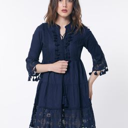 RAREISM Band Collar Bell Sleeve Tie-Up Detail Cotton Fit & Flare Dress-image-1