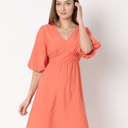 Vero Moda Gathered Detailed V-Neck Puff Sleeve Empire Dress-image-38