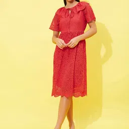 Athena Self Design Tie-Up Neck Lace Fit & Flare Dress-43