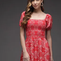 TANDUL Ethnic Motifs Printed Square Neck Puff Sleeve Jacquard Fit & Flare Dress-image-14