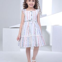 Peppermint Girls Striped Flutter Sleeves Cotton Fit & Flare Dress-image-13